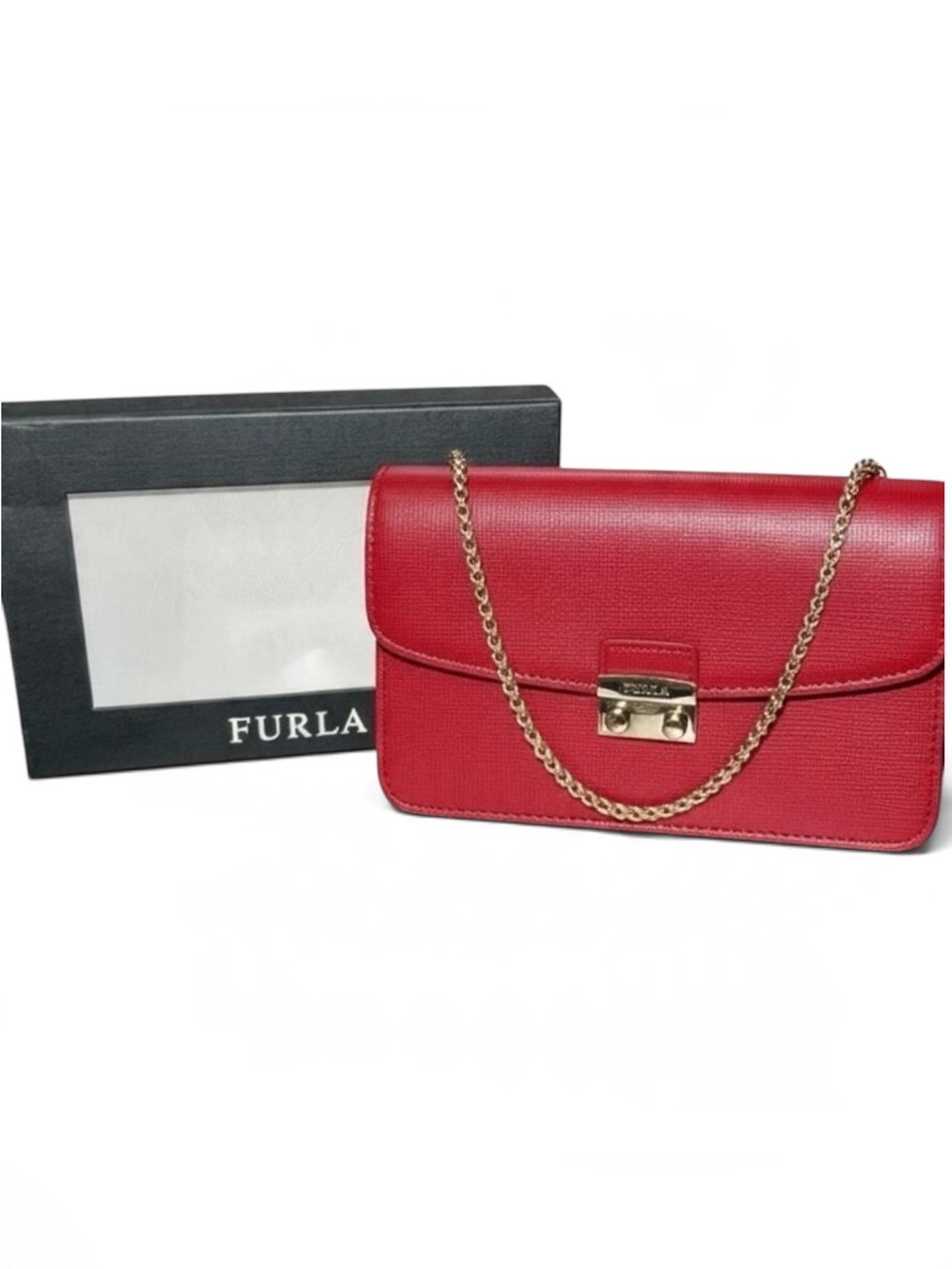 FURLA Giulia Red Leather Shoulder Crossbody with Gold Chain NIB